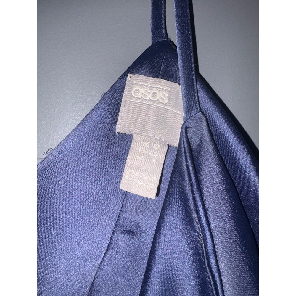 ASOS Navy Blue Satin One Shoulder Midi Dress Cowl Neck High Slit Size US 8 - Picture 3 of 7